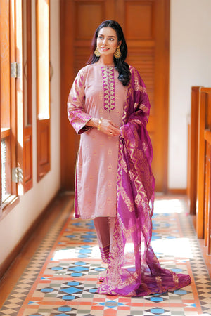 SENORITA - Casual Plus 3 Piece Suit  | Cotton Jacqurad  | Purple & Golden | LBD-01996