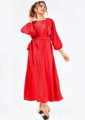 Nine Ninety Nine - Pleated Puff Sleeve Dress with Belt - red (pleated fabric)