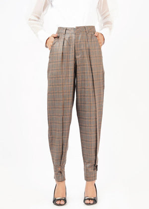 Nine Ninety Nine - Relaxed Fit Button Cuff Pant - dark grey plaid check