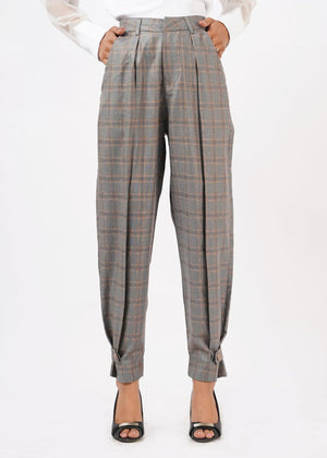 Nine Ninety Nine - Relaxed Fit Button Cuff Pant - light grey plaid check
