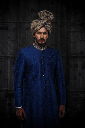Royal Blue Raw Silk Overall Machine Embroidered Sherwani