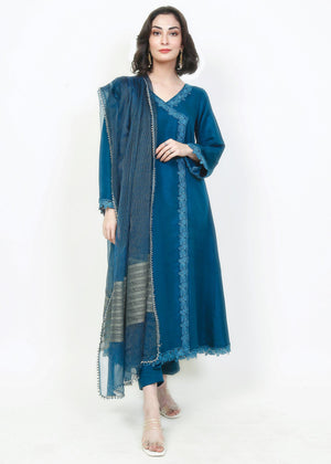 FashionPorters - 3 Piece Solid Dark Turquoise Raw Silk Suit - SP22-AZ10