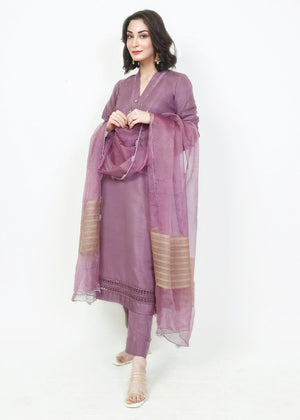 FashionPorters - 3 Piece Solid Light Purple Raw Silk Suit - SP22-AZ8