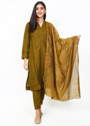 FashionPorters - 3Piece Solid Olive Brown Mehndi Raw Silk Suit - SP22-AZ9