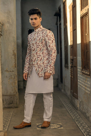 White floral Raw Silk Embroidered Front Prince Jacket - Made to Order