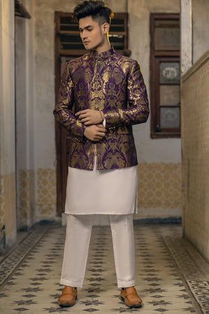 Purple and gold Banarsi Prince coat - Made to Order