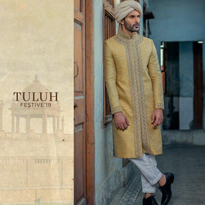Dull Gold Hand Embroidered Atlas Sherwani - Made to Order
