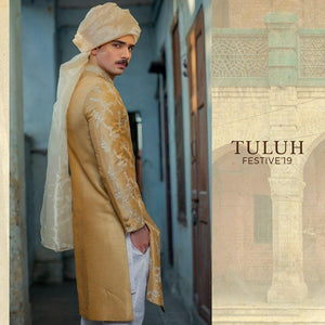 White on Dull gold Raw Silk Floral Machine Embroidered Sherwani - Made to Order