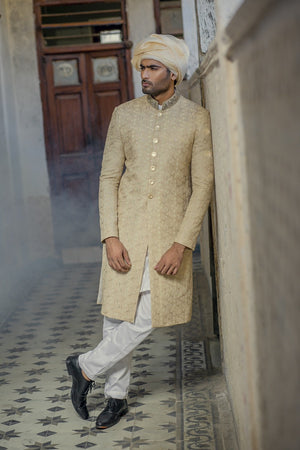 Dull Gold Raw Silk machine embroidered with silver sequins sherwani - Made to Order