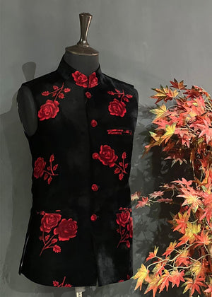 Red floral velvet waistcoat