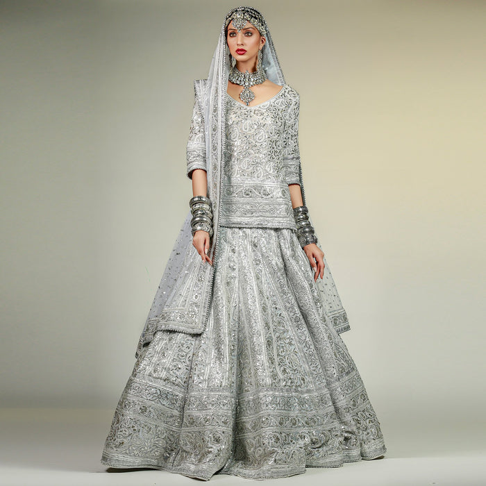 Sky Blue Lehenga, Choli and Dupatta embellished with Silver Gota-work