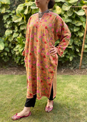 Kashmiri Pheran (Shirt / Kurta) Warm Beige with Multicolor Embroidery