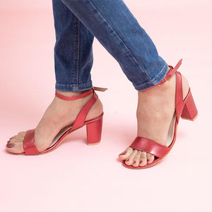 Dull Red Block Heeled Sandals With Adjustable Ankle Straps