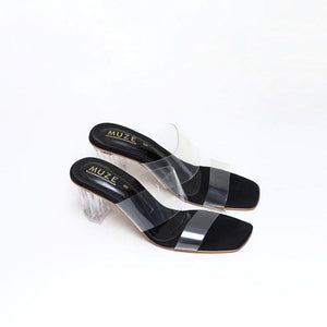 Black Crystal Heeled Sandals With Vinyl Straps