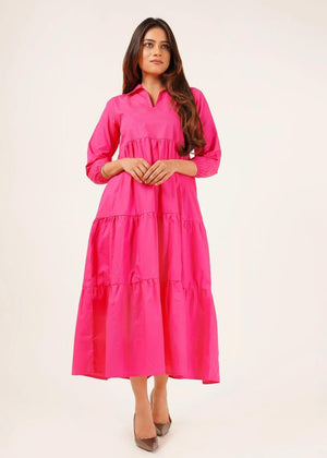 Nine Ninety Nine - V Neck Collared Dress - fuchsia pink
