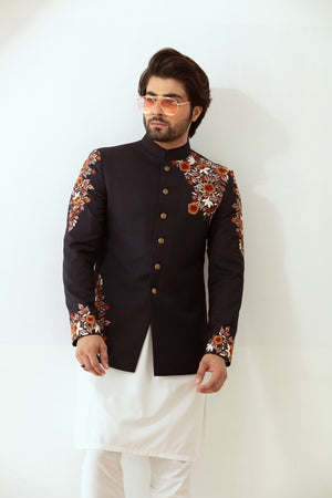 Black Raw Silk Embroidered Prince Jacket - Made to Order