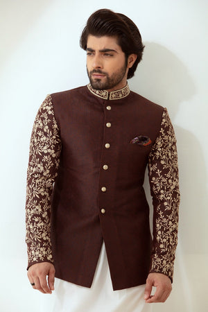 Dark Maroon Self Banarsi Embroidered Prince Jacket - Made to Order