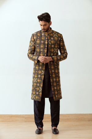 Black Raw Silk Front Open Embroidered Sherwani - Made to Order