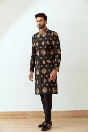 Black Embroidered Sherwani on Textured Karandi Atlas - Made to Order