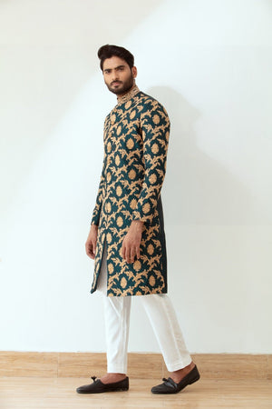Emerald Green Embroidered Sherwani on Textured Banarsi - Made to Order