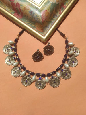 M.Z Accessories - Blue stone coin necklace set - M.Z 044
