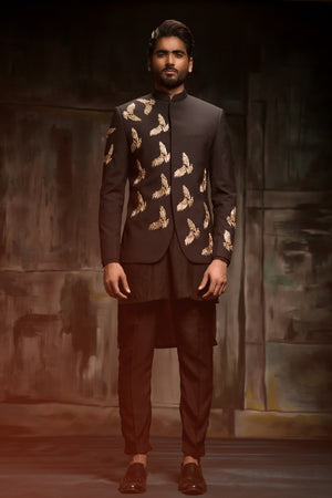 Black Raw Silk Embroidered Prince Jacket - Made to Order