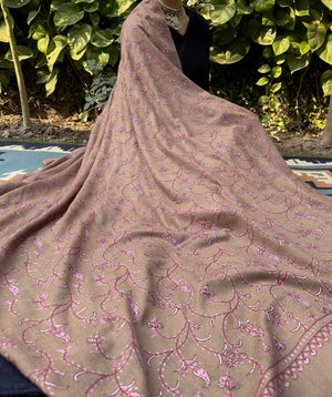 Luxurious Hand Embroidered Jaalidar Kashmiri Shawl - Brown with Pink Embroidery