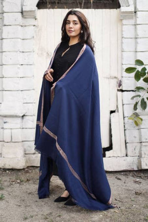 Navy Blue Pure Pashmina Wool Border Shawl