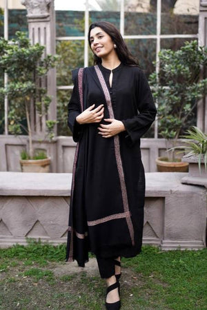 Black Pure Pashmina Wool Border Shawl