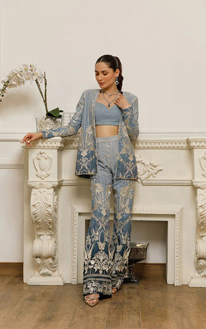 Chiffon Embroidered Front Open Jacket With Trouser - 8561