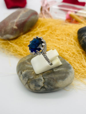 Blue, Silver Sapphire, Zircons Ring