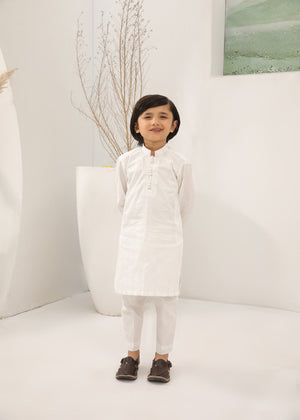 Off White Embroidered Cotton Kurta Trouser - Kids - 2PC
