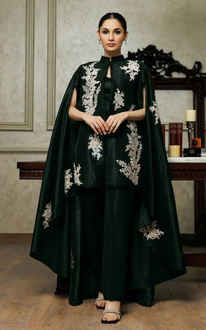 Embroidered Cape With Trouser - 8725 - Green