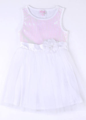Girl White Pink Sequence Flower Fancy Frock