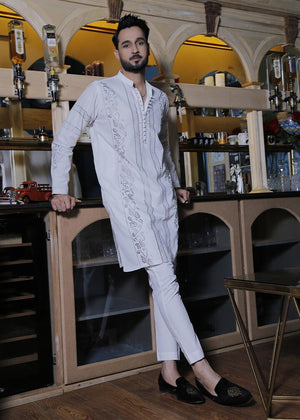 ER 566 White Grey Embroided Designer Kurta Pajam For Men