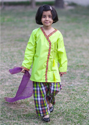 PARROT ANGRAKHA WITH CHECKERD SHALWAR - 3 PC