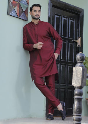 ER 571 Maroon Cotton Silk Kurta Pajama with velvet finish For Men