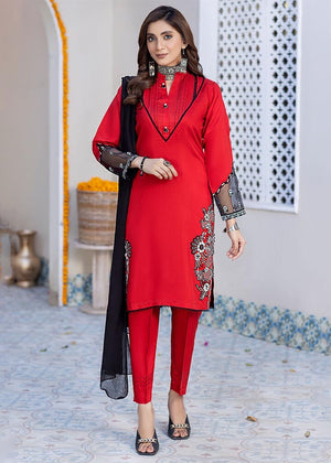 Red Embroidered Viscose Suit-2557