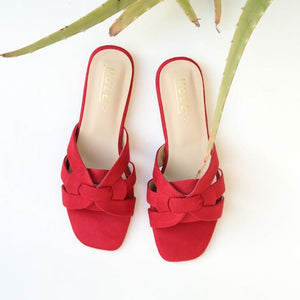 Red Faux Suede Flats With Criss Cross Straps