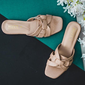 Nude Faux Suede Flats With Criss Cross Straps