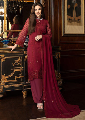 Cherry Red – Embroidered Chiffon Unstitched 3Pc Suit
