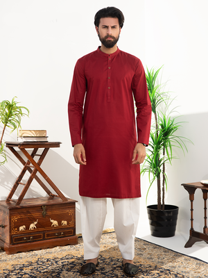 red cotton plain kurta for men