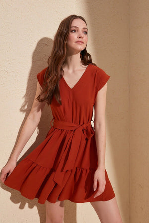 Ace Attire - Belted Plain Tile Dress - Tile Red
