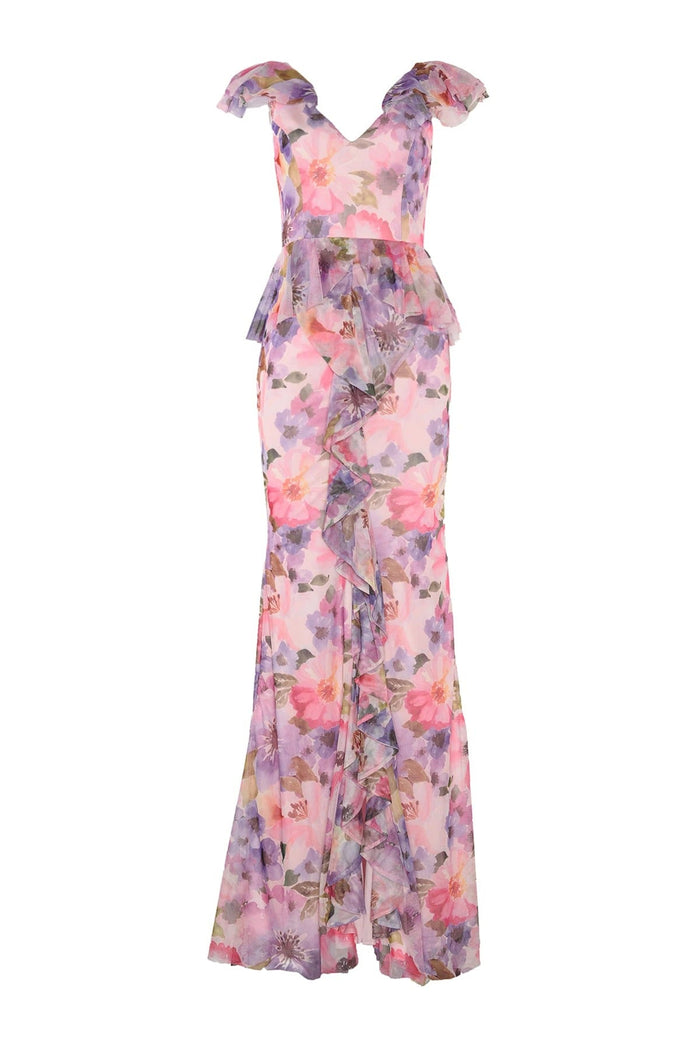 Ace Attire - Floral Printed Tulle Evening Gown