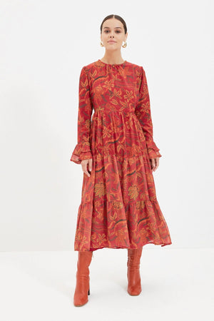 Ace Attire - Burgundy Floral Chiffon Dress - Medium