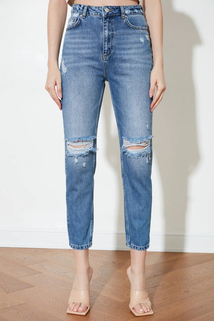 Ace Attire - Ripped High Waist Blue Mom Jeans