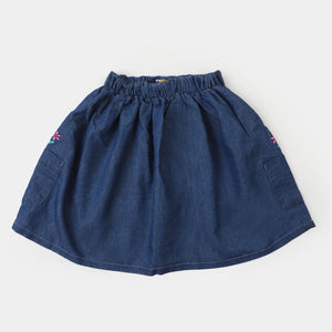 Girls Denim Skirt Pocket EMB Flower - LIGHT BLUE